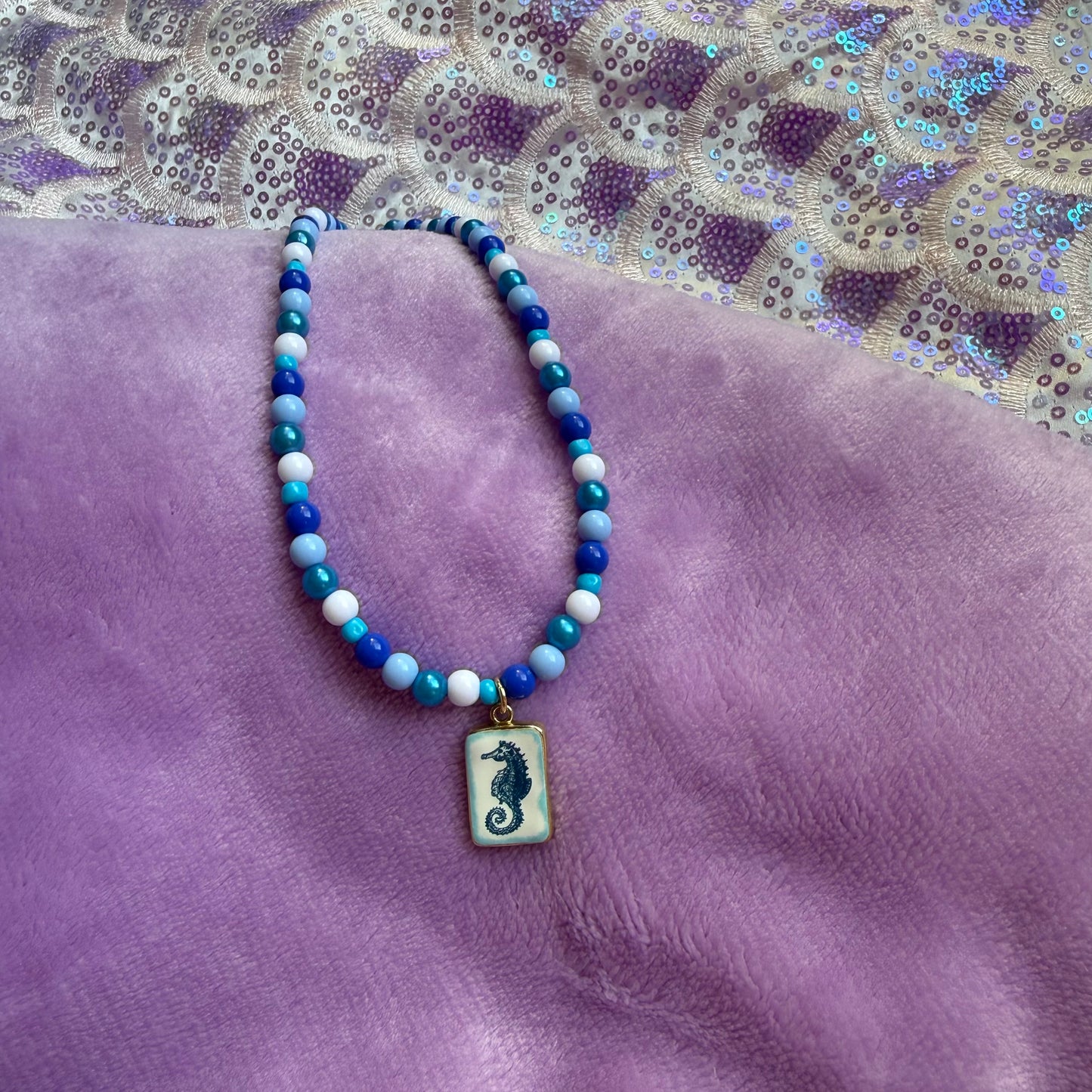 13” shades of blue seahorse necklace