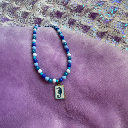 13” shades of blue seahorse necklace